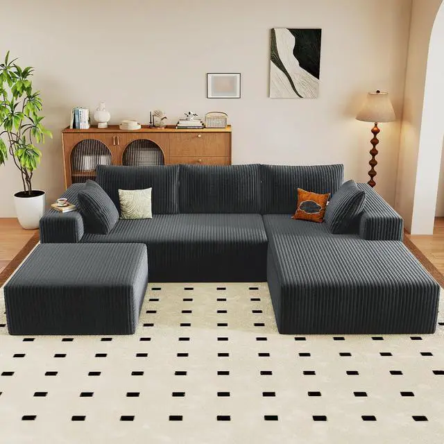 Alt view image 3 of 6 - 96" U Shaped Cloud Sectional Couch with Fluffy Corduroy, Deep Memory Foam Seats Sofa with 1 Ottoman for Living Room, No Assembly Required(Dark Grey,Right-Facing Chaise)