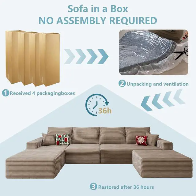 Alt view image 7 of 7 - 136" U Shaped Cloud Sectional Couch with Fluffy Corduroy, Deep Memory Foam Seats Sofa with 1 Ottoman for Living Room, No Assembly Required(Camel,Left-Facing Chaise)