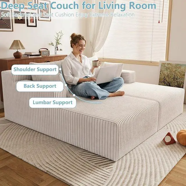 Alt view image 5 of 7 - 71"Oversized Chaise Lounge Chair,Sectional Double Lounge Chaise with Pillows, Upholstered Corduroy Boneless Lounge Chair, Fluffy Modern Loveseat Sleeper Sofa for Living Room or Bedroom(White)