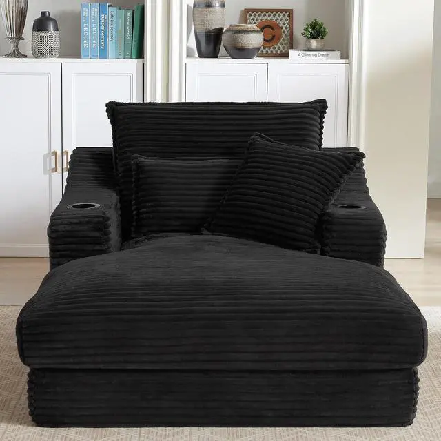 Alt view image 6 of 7 - 47.2"Oversized Chaise Lounge Chair Indoor,Corduroy Boneless Reading Chair with Cup Holder,Deep Seat Cloud Sofa Bed,Comfy Modern Sleeper Chairs in Box for Living Room Bedroom,No Assembly (Black)