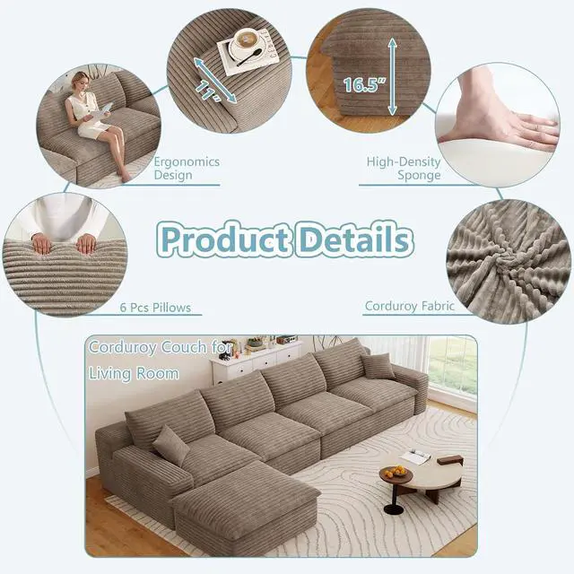 Alt view image 3 of 7 - 136" Cloud Sectional Couch with L-Shaped Chaise,4-Seater Corduroy Viral Boneless Sofa with Ottoman,Memory Foam Couches in a Box with Deep Seat for Living Room,No Assembly Required,Camel