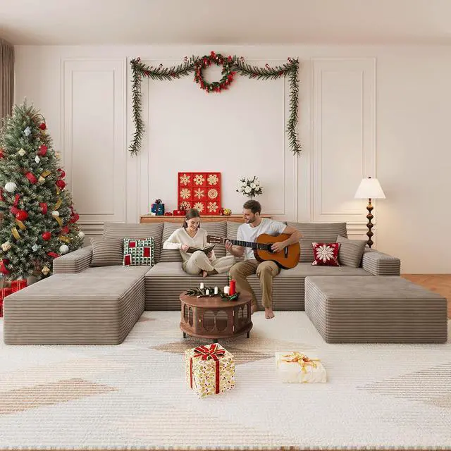 Alt view image 3 of 7 - 136" U Shaped Cloud Sectional Couch with Fluffy Corduroy, Deep Memory Foam Seats Sofa with 1 Ottoman for Living Room, No Assembly Required(Camel,Left-Facing Chaise)