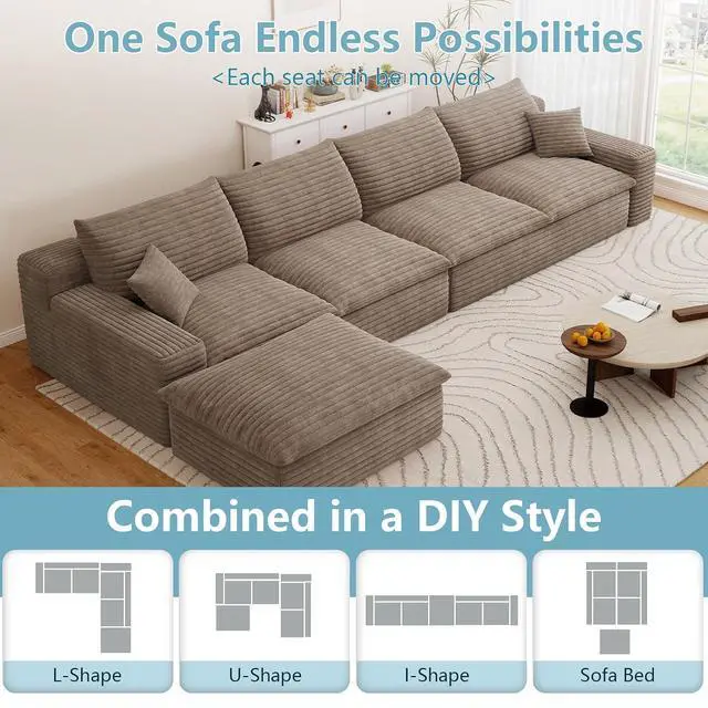 Alt view image 5 of 7 - 136" Cloud Sectional Couch with L-Shaped Chaise,4-Seater Corduroy Viral Boneless Sofa with Ottoman,Memory Foam Couches in a Box with Deep Seat for Living Room,No Assembly Required,Camel