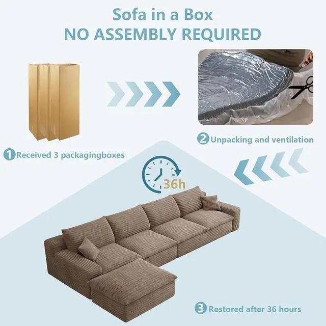 Alt view image 7 of 7 - 136" Cloud Sectional Couch with L-Shaped Chaise,4-Seater Corduroy Viral Boneless Sofa with Ottoman,Memory Foam Couches in a Box with Deep Seat for Living Room,No Assembly Required,Camel
