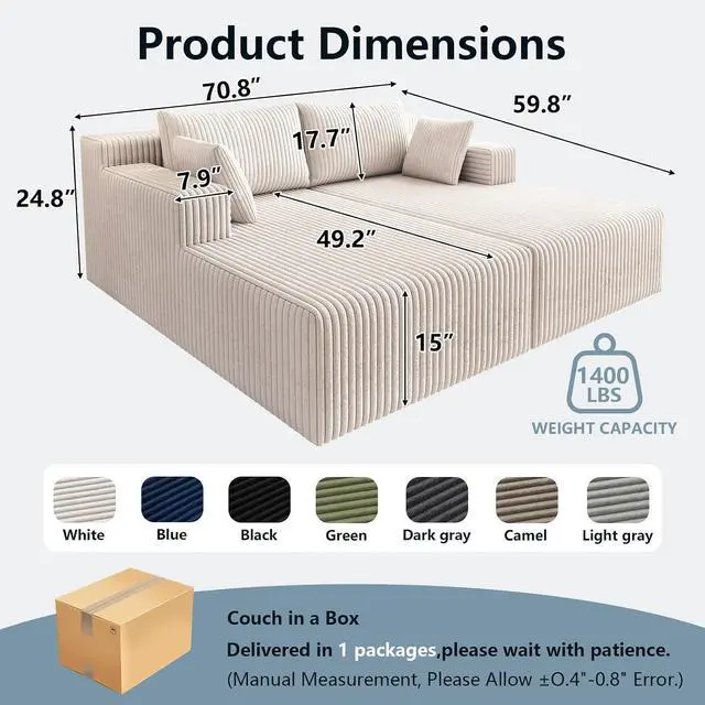 Alt view image 2 of 7 - 71"Oversized Chaise Lounge Chair,Sectional Double Lounge Chaise with Pillows, Upholstered Corduroy Boneless Lounge Chair, Fluffy Modern Loveseat Sleeper Sofa for Living Room or Bedroom(White)