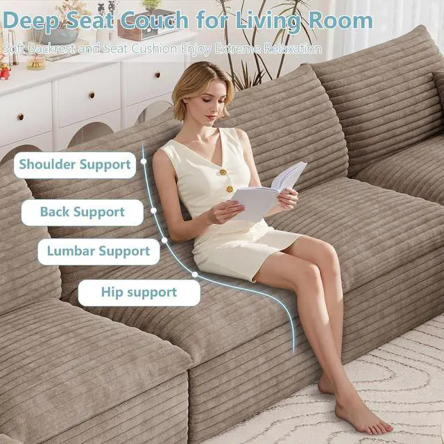 Alt view image 6 of 7 - 136" Cloud Sectional Couch with L-Shaped Chaise,4-Seater Corduroy Viral Boneless Sofa with Ottoman,Memory Foam Couches in a Box with Deep Seat for Living Room,No Assembly Required,Camel