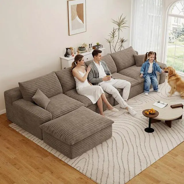 Main image of 136" Cloud Sectional Couch with L-Shaped Chaise,4-Seater Corduroy Viral Boneless Sofa with Ottoman,Memory Foam Couches in a Box with Deep Seat for Living Room,No Assembly Required,Camel