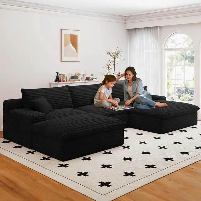 Main image of 107" Cloud Sectional Couch with U-Shaped Chaise,Corduroy Viral Boneless Sofa with Ottoman,Memory Foam Couches in a Box with Deep Seat for Living Room,No Assembly Required(Jet Black,Right-Facing Chaise