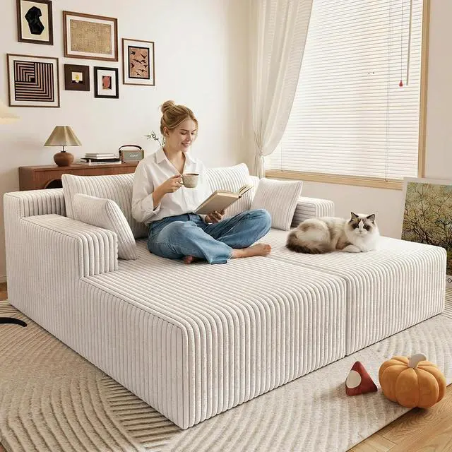 Alt view image 6 of 7 - 71"Oversized Chaise Lounge Chair,Sectional Double Lounge Chaise with Pillows, Upholstered Corduroy Boneless Lounge Chair, Fluffy Modern Loveseat Sleeper Sofa for Living Room or Bedroom(White)