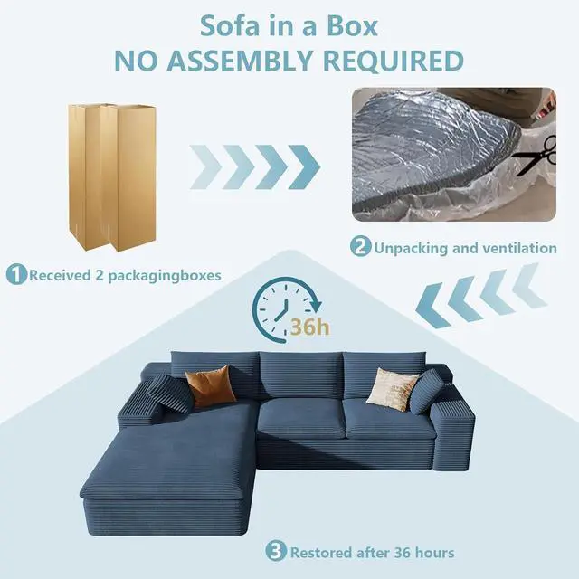 Alt view image 7 of 7 - 107" Cloud Sectional Couch with L-Shape Chaise, Modern Corduroy Viral Boneless Sofa for Living Room,Memory Foam Couches in a Box with Deep Seat,No Assembly Required (Blue,Left-Facing Chaise)