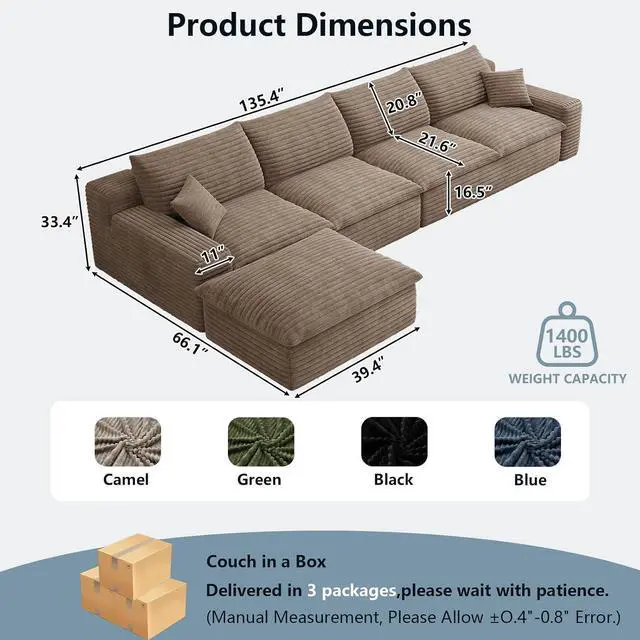 Alt view image 2 of 7 - 136" Cloud Sectional Couch with L-Shaped Chaise,4-Seater Corduroy Viral Boneless Sofa with Ottoman,Memory Foam Couches in a Box with Deep Seat for Living Room,No Assembly Required,Camel