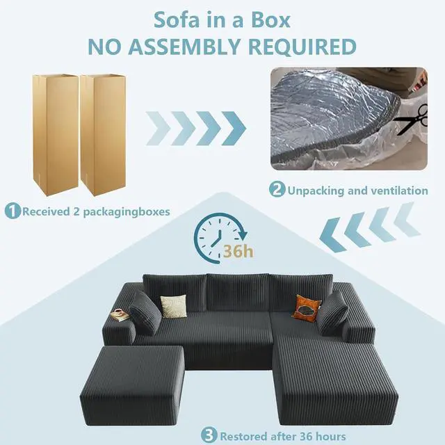Alt view image 6 of 6 - 96" U Shaped Cloud Sectional Couch with Fluffy Corduroy, Deep Memory Foam Seats Sofa with 1 Ottoman for Living Room, No Assembly Required(Dark Grey,Right-Facing Chaise)