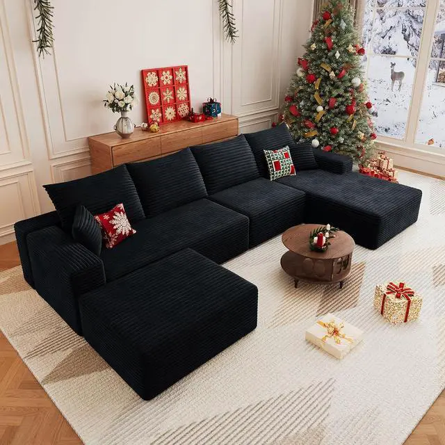 Main image of 136" U Shaped Cloud Sectional Couch with Fluffy Corduroy, Deep Memory Foam Seats Sofa with 1 Ottoman for Living Room, No Assembly Required(Black,Right-Facing Chaise)