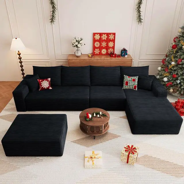 Alt view image 4 of 7 - 136" U Shaped Cloud Sectional Couch with Fluffy Corduroy, Deep Memory Foam Seats Sofa with 1 Ottoman for Living Room, No Assembly Required(Black,Right-Facing Chaise)
