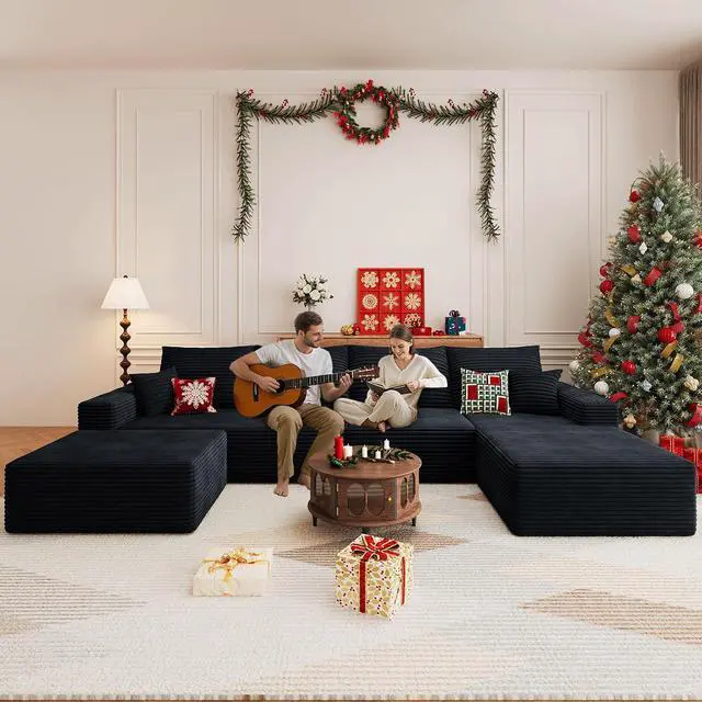 Alt view image 5 of 7 - 136" U Shaped Cloud Sectional Couch with Fluffy Corduroy, Deep Memory Foam Seats Sofa with 1 Ottoman for Living Room, No Assembly Required(Black,Right-Facing Chaise)
