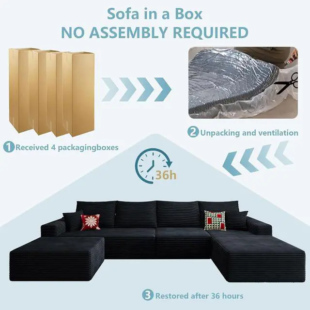 Alt view image 7 of 7 - 136" U Shaped Cloud Sectional Couch with Fluffy Corduroy, Deep Memory Foam Seats Sofa with 1 Ottoman for Living Room, No Assembly Required(Black,Right-Facing Chaise)