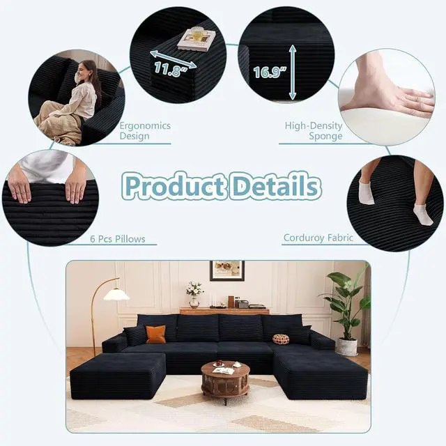 Alt view image 3 of 7 - 136" U Shaped Cloud Sectional Couch with Fluffy Corduroy, Deep Memory Foam Seats Sofa with 1 Ottoman for Living Room, No Assembly Required(Black,Right-Facing Chaise)