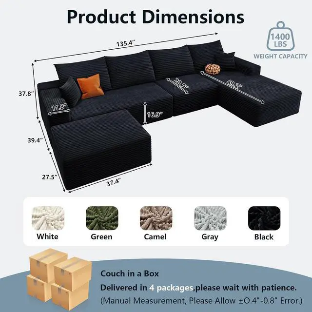Alt view image 2 of 7 - 136" U Shaped Cloud Sectional Couch with Fluffy Corduroy, Deep Memory Foam Seats Sofa with 1 Ottoman for Living Room, No Assembly Required(Black,Right-Facing Chaise)