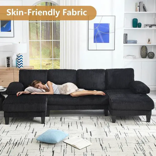 Alt view image 3 of 6 - 114.2 W Corduroy Sectional Sofa for Living Room, U-Shaped Couch with Double Chaises and Comfortable Backrest, Modern 4-Seater Deep Cloud Sofa (Black)