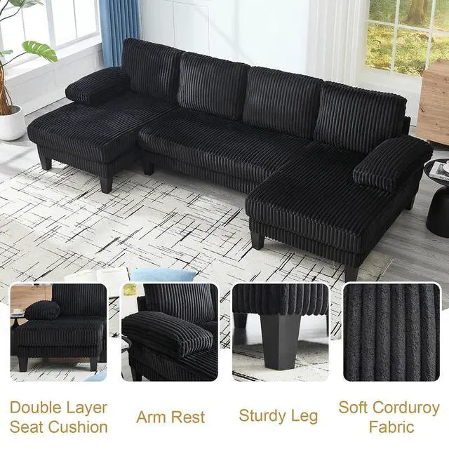 Alt view image 4 of 6 - 114.2 W Corduroy Sectional Sofa for Living Room, U-Shaped Couch with Double Chaises and Comfortable Backrest, Modern 4-Seater Deep Cloud Sofa (Black)