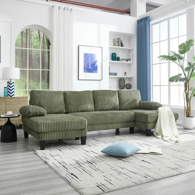Alt view image 6 of 6 - 114.2 W Corduroy Sectional Sofa for Living Room, U-Shaped Couch with Double Chaises and Comfortable Backrest, Modern 4-Seater Deep Cloud Sofa for Small Spaces(Green)