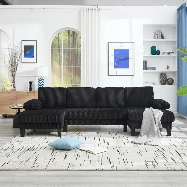 Alt view image 6 of 6 - 114.2 W Corduroy Sectional Sofa for Living Room, U-Shaped Couch with Double Chaises and Comfortable Backrest, Modern 4-Seater Deep Cloud Sofa (Black)