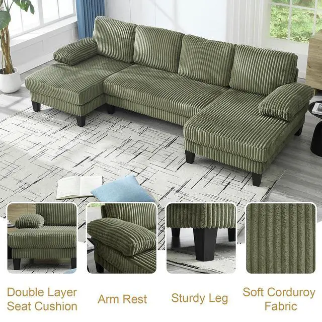 Alt view image 4 of 6 - 114.2 W Corduroy Sectional Sofa for Living Room, U-Shaped Couch with Double Chaises and Comfortable Backrest, Modern 4-Seater Deep Cloud Sofa for Small Spaces(Green)