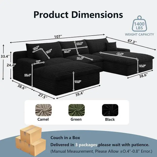 Alt view image 2 of 7 - 107" Cloud Sectional Couch with U-Shaped Chaise,Corduroy Viral Boneless Sofa with Ottoman,Memory Foam Couches in a Box with Deep Seat for Living Room,No Assembly Required (Black,Right-Facing Chaise)