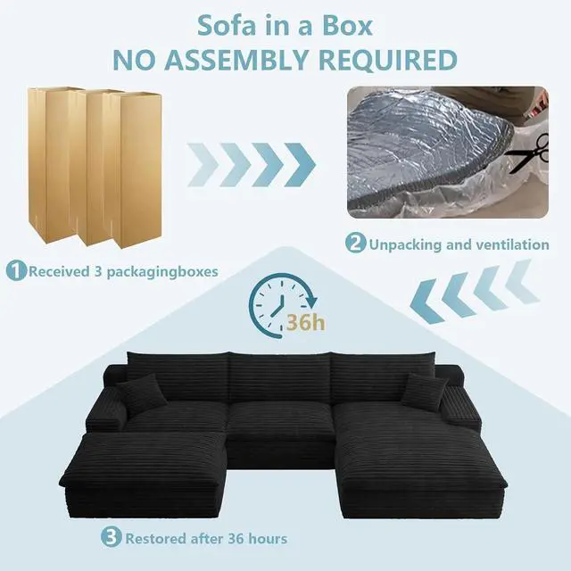 Alt view image 7 of 7 - 107" Cloud Sectional Couch with U-Shaped Chaise,Corduroy Viral Boneless Sofa with Ottoman,Memory Foam Couches in a Box with Deep Seat for Living Room,No Assembly Required (Black,Right-Facing Chaise)