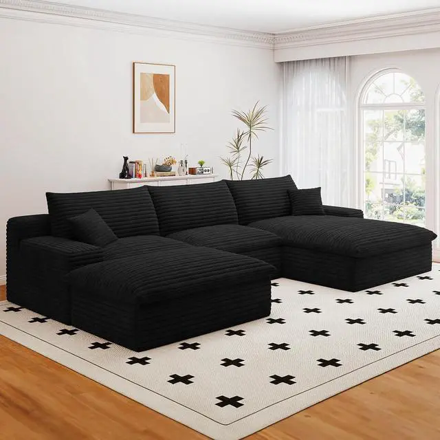 Alt view image 4 of 7 - 107" Cloud Sectional Couch with U-Shaped Chaise,Corduroy Viral Boneless Sofa with Ottoman,Memory Foam Couches in a Box with Deep Seat for Living Room,No Assembly Required (Black,Right-Facing Chaise)