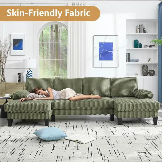 Alt view image 3 of 6 - 114.2 W Corduroy Sectional Sofa for Living Room, U-Shaped Couch with Double Chaises and Comfortable Backrest, Modern 4-Seater Deep Cloud Sofa for Small Spaces(Green)