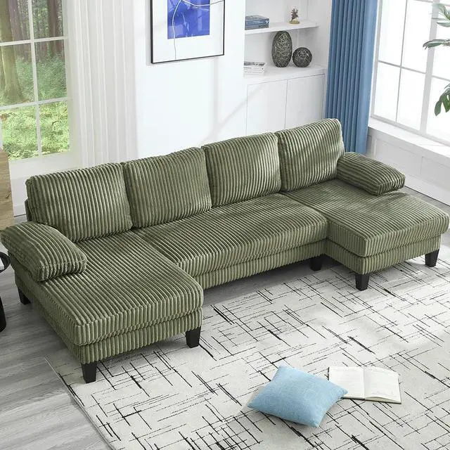 Main image of 114.2 W Corduroy Sectional Sofa for Living Room, U-Shaped Couch with Double Chaises and Comfortable Backrest, Modern 4-Seater Deep Cloud Sofa for Small Spaces(Green)