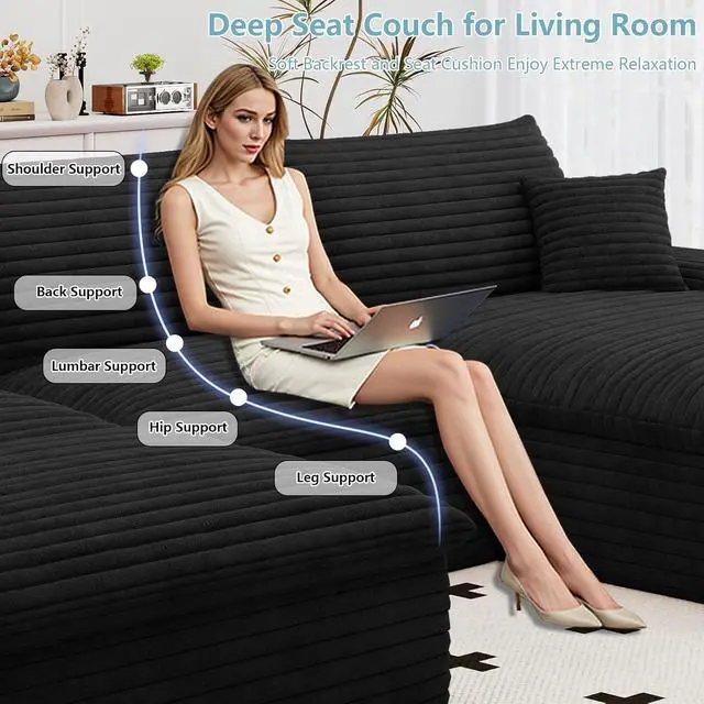 Alt view image 5 of 7 - 107" Cloud Sectional Couch with U-Shaped Chaise,Corduroy Viral Boneless Sofa with Ottoman,Memory Foam Couches in a Box with Deep Seat for Living Room,No Assembly Required (Black,Right-Facing Chaise)