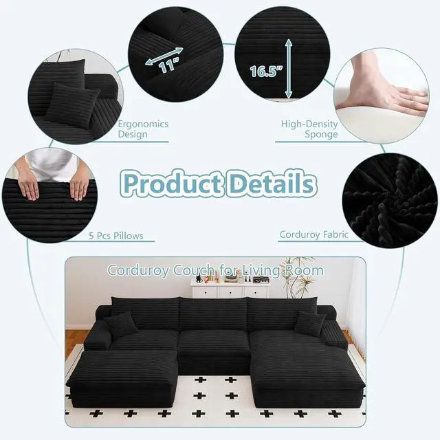 Alt view image 3 of 7 - 107" Cloud Sectional Couch with U-Shaped Chaise,Corduroy Viral Boneless Sofa with Ottoman,Memory Foam Couches in a Box with Deep Seat for Living Room,No Assembly Required (Black,Right-Facing Chaise)
