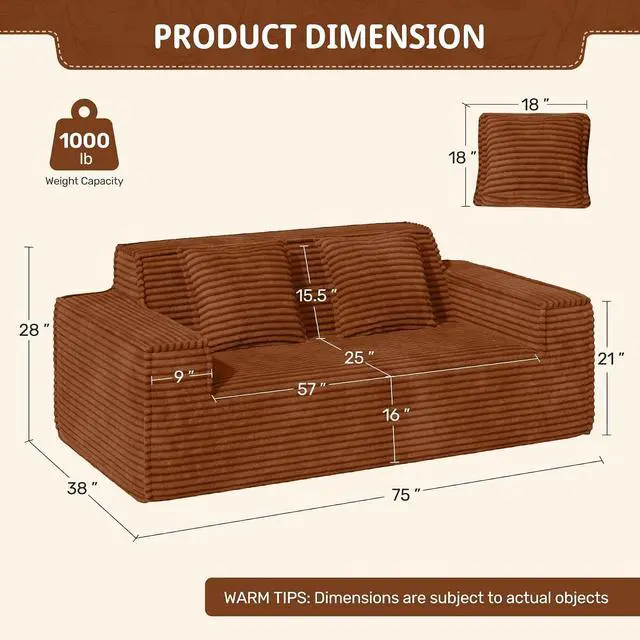 Alt view image 2 of 7 - 75'' Modern Loveseat Sofa, No Assembly Required Comfy Deep Seat Couches 1 pcs for Living Room, Bedroom, Apartment(Brown)