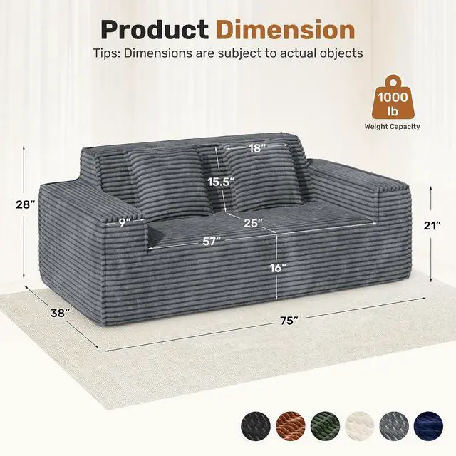 Alt view image 2 of 6 - 75'' Modern Cloud Loveseat Sofa Set of 2, No Assembly Required Comfy Deep Seat Couches 2 pcs for Living Room, Bedroom, Apartment (Corduroy-Grey)