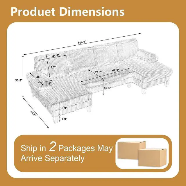 Alt view image 2 of 6 - 114.2 W Corduroy Sectional Sofa for Living Room, U-Shaped Couch with Double Chaises and Comfortable Backrest, Modern 4-Seater Deep Cloud Sofa (Black)