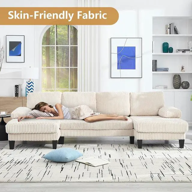Alt view image 3 of 6 - 114.2 W Corduroy Sectional Sofa for Living Room, U-Shaped Couch with Double Chaises and Comfortable Backrest, Modern 4-Seater Deep Cloud Sofa for Small Spaces(Beige)