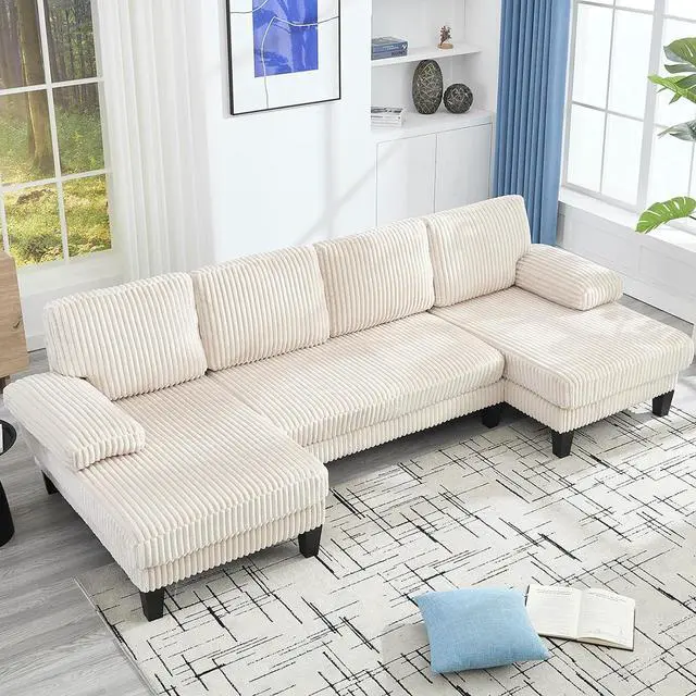Main image of 114.2 W Corduroy Sectional Sofa for Living Room, U-Shaped Couch with Double Chaises and Comfortable Backrest, Modern 4-Seater Deep Cloud Sofa for Small Spaces(Beige)