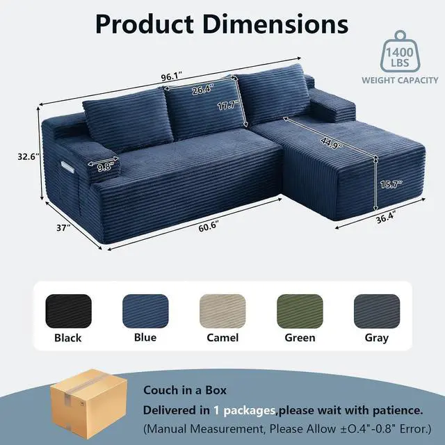 Alt view image 2 of 7 - 96" Cloud Sectional Couch with L-Shape Chaise, Modern Corduroy Boneless Couch for Living Room,Memory Foam Sofa with Deep Seat,No Assembly Required (Blue,Right-Facing Chaise)