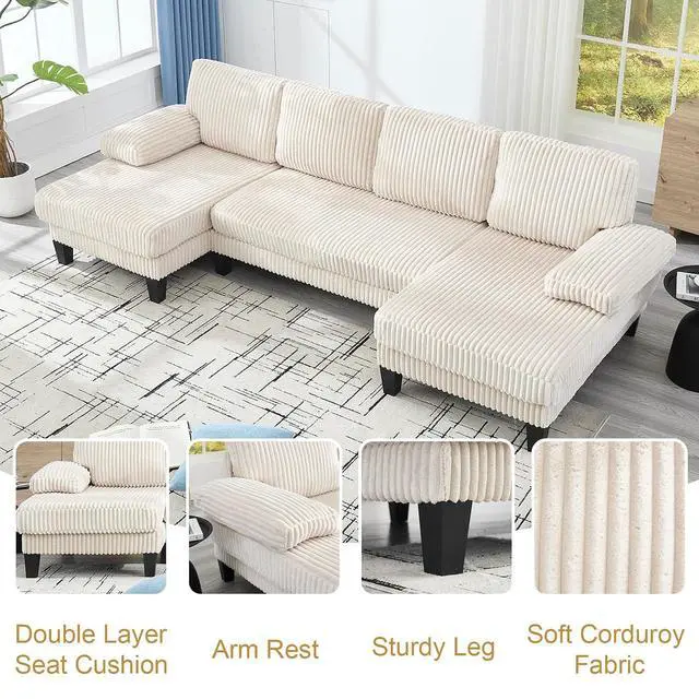 Alt view image 4 of 6 - 114.2 W Corduroy Sectional Sofa for Living Room, U-Shaped Couch with Double Chaises and Comfortable Backrest, Modern 4-Seater Deep Cloud Sofa for Small Spaces(Beige)