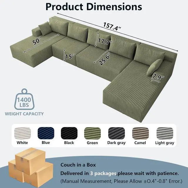 Alt view image 5 of 7 - 160" W Cloud Sectional Couch,Modern U-Shaped Cloud Couch with Deep Seat,Comfy Corduroy 5-Seater Sofa,Memory Foam Sofa for Living Room,No Assembly (Green)