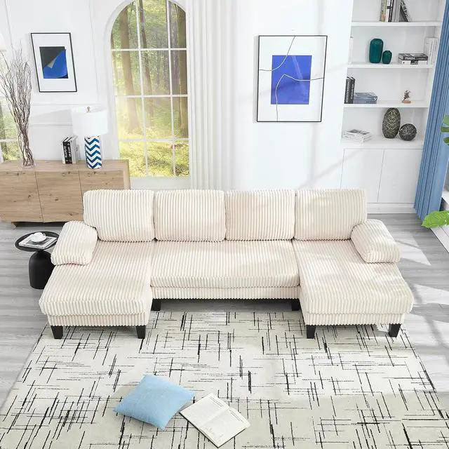Alt view image 6 of 6 - 114.2 W Corduroy Sectional Sofa for Living Room, U-Shaped Couch with Double Chaises and Comfortable Backrest, Modern 4-Seater Deep Cloud Sofa for Small Spaces(Beige)