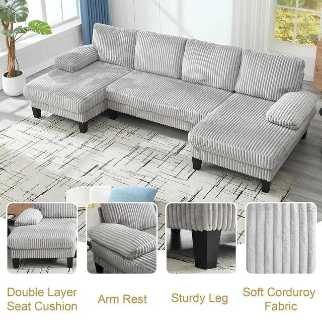 Alt view image 4 of 6 - 114.2 W Corduroy Sectional Sofa for Living Room, U-Shaped Couch with Double Chaises and Comfortable Backrest, Modern 4-Seater Deep Cloud Sofa for Small Spaces(Grey)