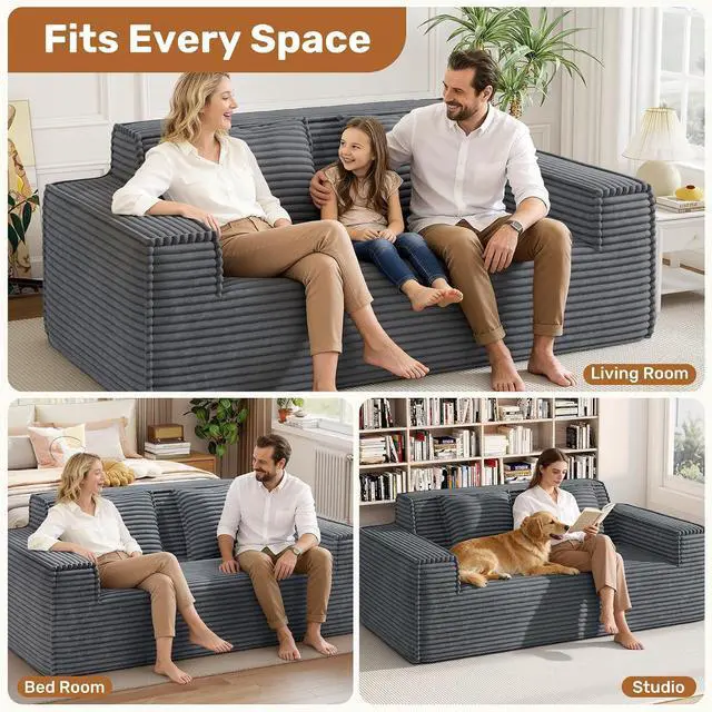 Alt view image 5 of 6 - 75'' Modern Cloud Loveseat Sofa Set of 2, No Assembly Required Comfy Deep Seat Couches 2 pcs for Living Room, Bedroom, Apartment (Corduroy-Grey)