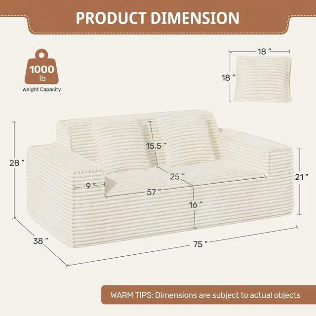 Alt view image 2 of 7 - 75'' Modern Loveseat Sofa, No Assembly Required Comfy Deep Seat Couches 1 pcs for Living Room, Bedroom, Apartment