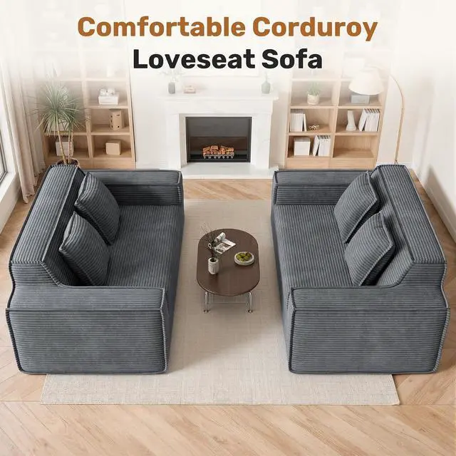 Alt view image 6 of 6 - 75'' Modern Cloud Loveseat Sofa Set of 2, No Assembly Required Comfy Deep Seat Couches 2 pcs for Living Room, Bedroom, Apartment (Corduroy-Grey)