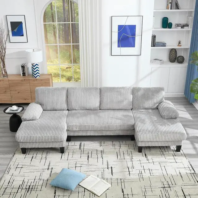 Alt view image 6 of 6 - 114.2 W Corduroy Sectional Sofa for Living Room, U-Shaped Couch with Double Chaises and Comfortable Backrest, Modern 4-Seater Deep Cloud Sofa for Small Spaces(Grey)