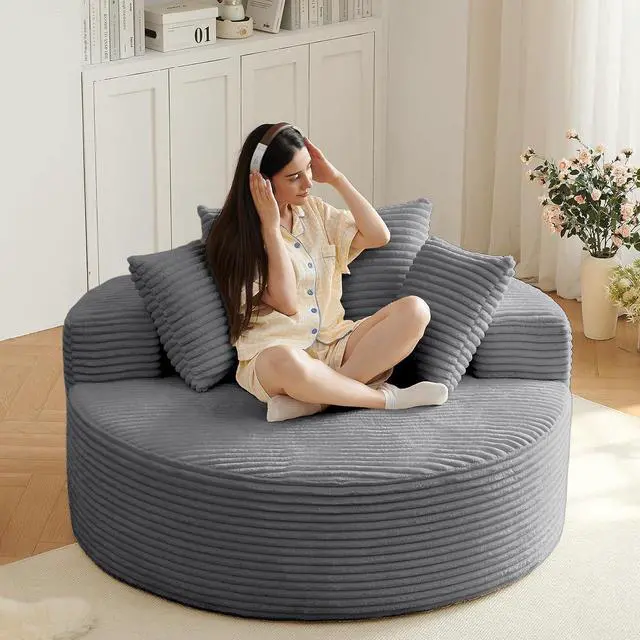 Main image of 55'' Oversized Round Cloud Chair,Fluffy Corduroy Lounge Chaise Indoor and Sleeper Sofa Bed with Deep Seat,Upholstered for Comfort in Reading,Living Room & Bedroom,No Assembly Required,Grey