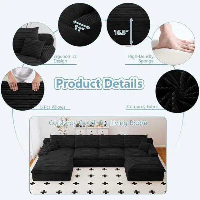 Alt view image 3 of 7 - 136" Cloud Sectional Couch with U-Shaped Chaise,Corduroy Viral Boneless Sofa with Ottoman,Memory Foam Couches in a Box with Deep Seat for Living Room,No Assembly Required (Black,Left-Facing Chaise)